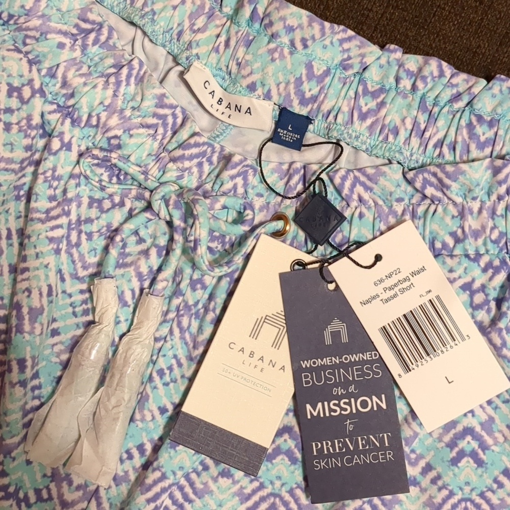 CABANA Blue Naples-Paper Waist Tassel Packets Short NWT Size L UPF 50 + - Picture 4 of 5